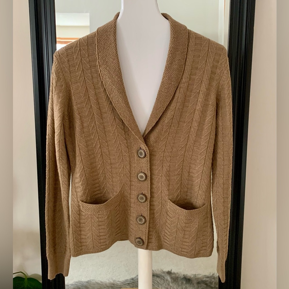 WORTH Tan Wool Blend Long Sleeve Cardigan Sweater